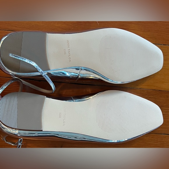 Ann Taylor New, Never Worn, Silver Metallic Ankle Strap Flats - 10 - Picture 4 of 5
